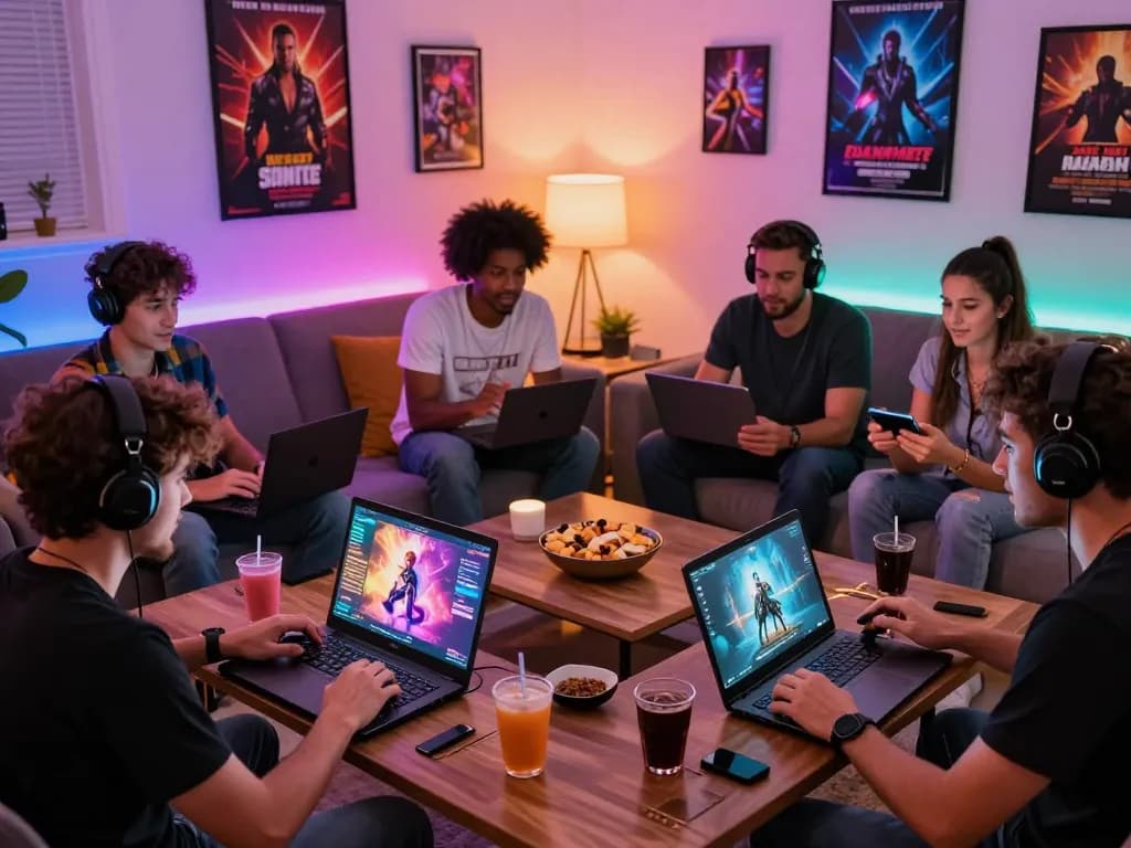 Interactive scene of gamers enjoying free porn games together, engaging with multiple devices in a vibrant living room setting.