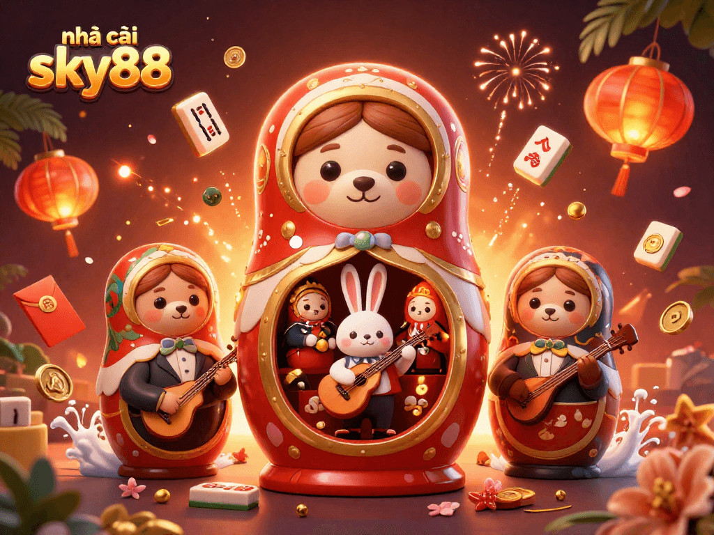 Experience a vibrant 3D casino scene featuring nhà cái sky88 with dynamic characters and festive game elements.