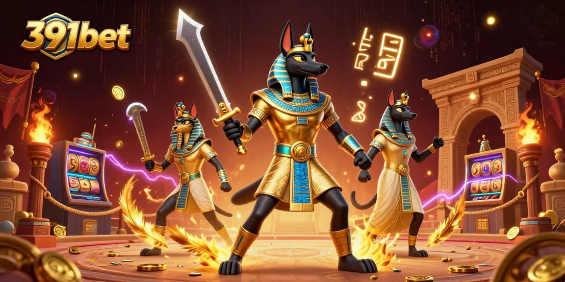 Experience thrilling gameplay with 391bet in a vivid 3D casino illustration of Anubis and Bastet.