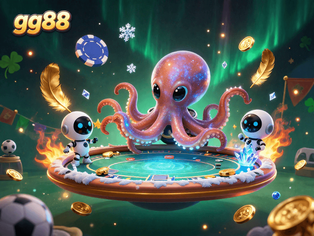 Bet on gg88's thrilling games with a cartoon alien octopus at a holographic poker table.