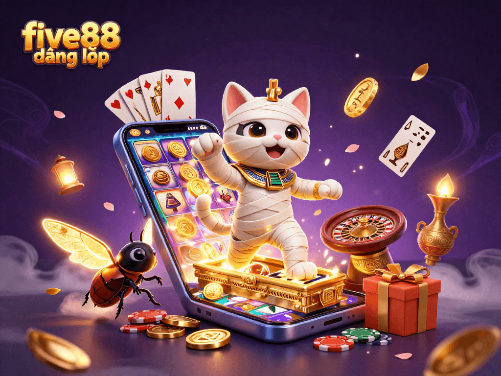Experience five88 đăng nhập with an engaging scene of a 3D mummy cat and casino elements bursting with excitement.