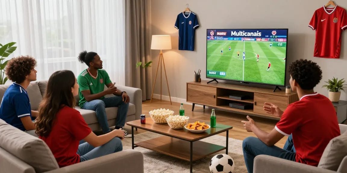 Excited fans watching a live football game on Multicanais in HD quality, surrounded by snacks and team jerseys.