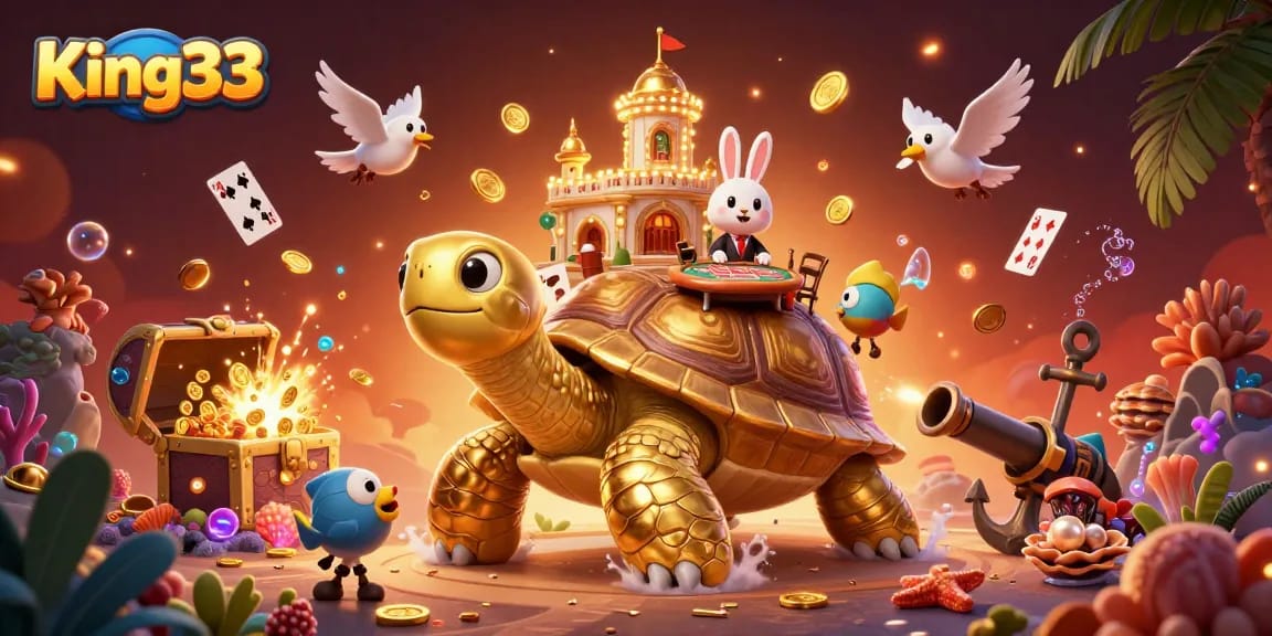 Experience the excitement of King33 with a vibrant illustration depicting a fantasy casino scene with a golden tortoise, playing cards, and treasure.