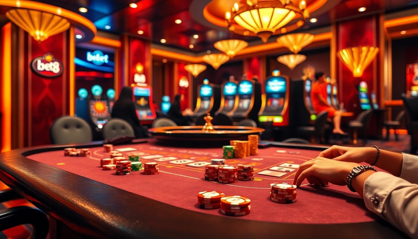 Engaged players at a bet 88 casino table, showcasing vibrant chips and cards in action.