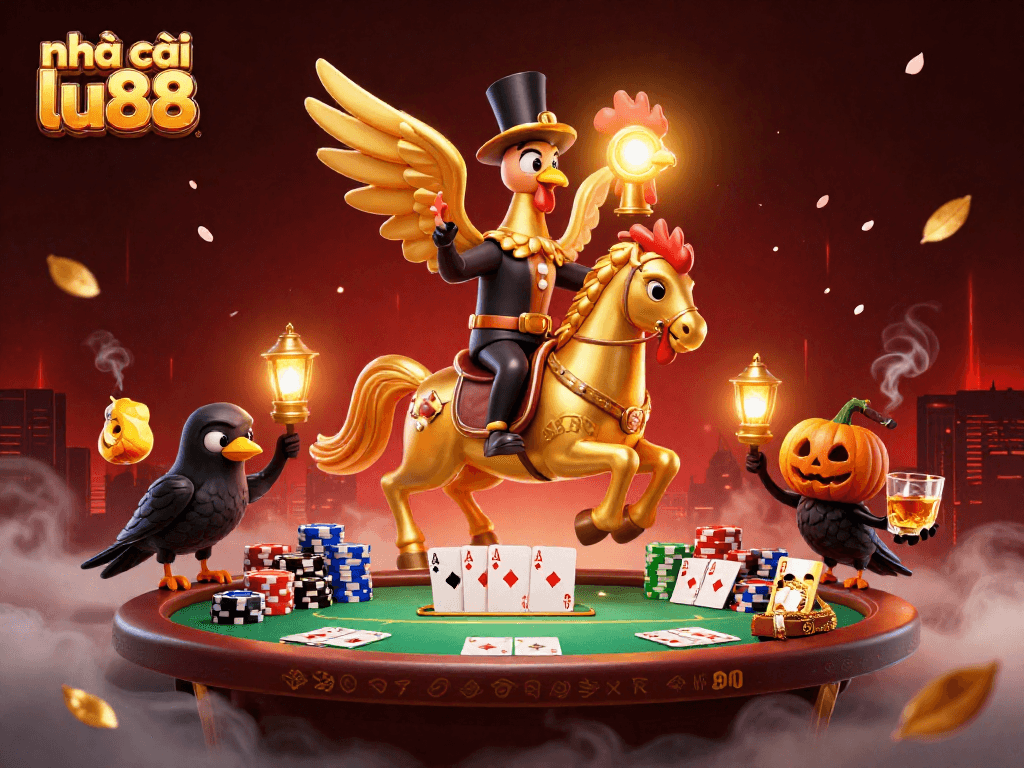 Experience thrilling gameplay with nhà cái lu88 in a magical casino scene featuring a golden rooster and poker elements.