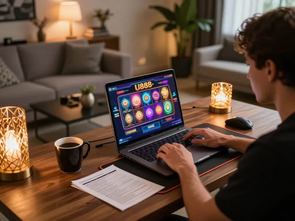 Player enjoying U888 slot games on laptop with strategic notes and cozy decor.