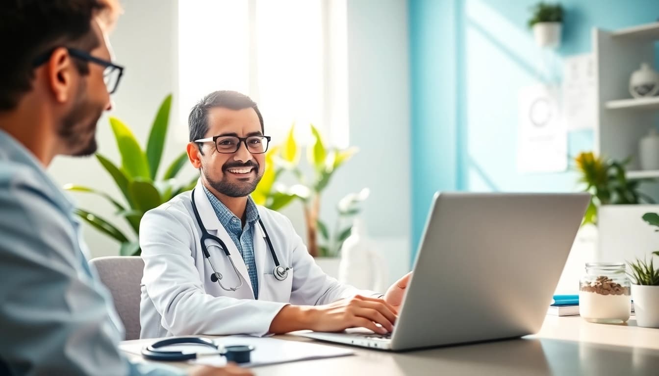 Engaging online doctor consultation flat fee experience between a physician and patient in a bright clinic.