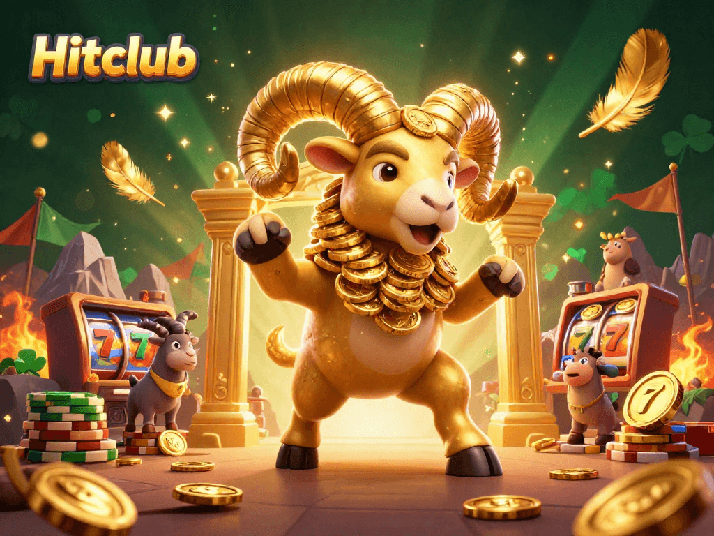 Hitclub features an energetic 3D casino scene with a golden ram and dynamic game elements.