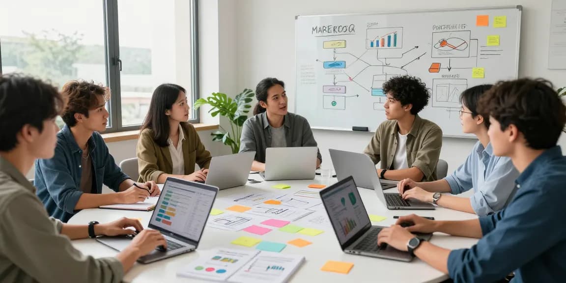 A equipe criando estratégias de marketing multicanais em ambiente colaborativo e moderno.