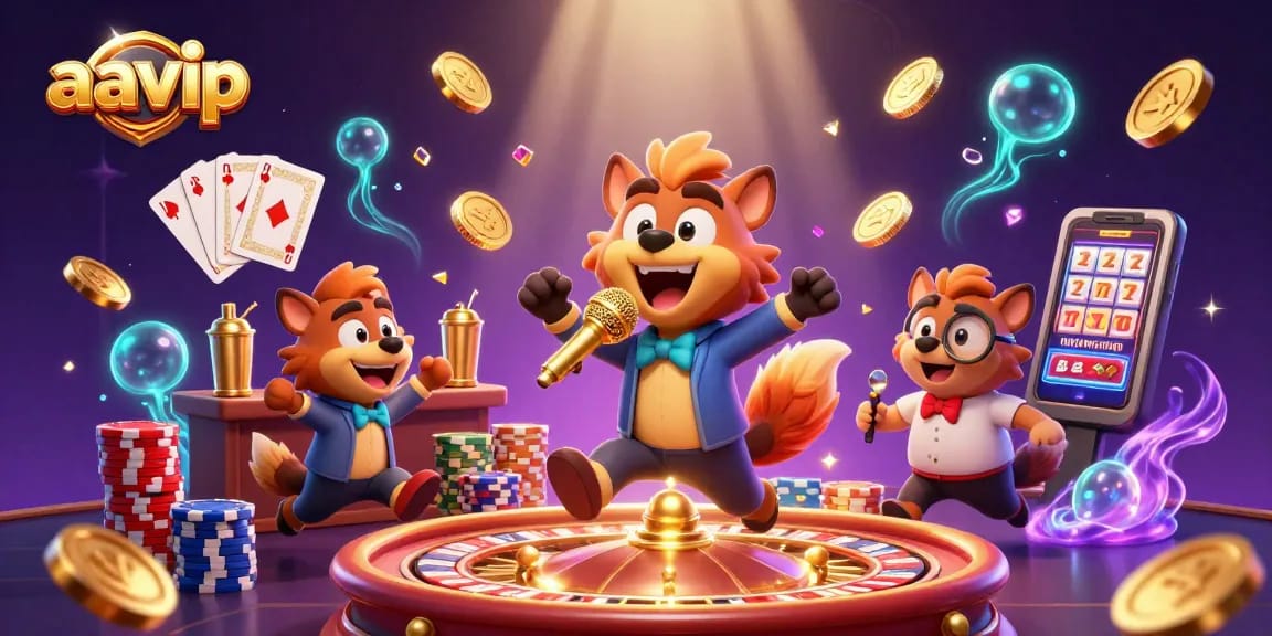 Aavip's comedy casino club features hyenas entertaining while cascading coins create excitement.