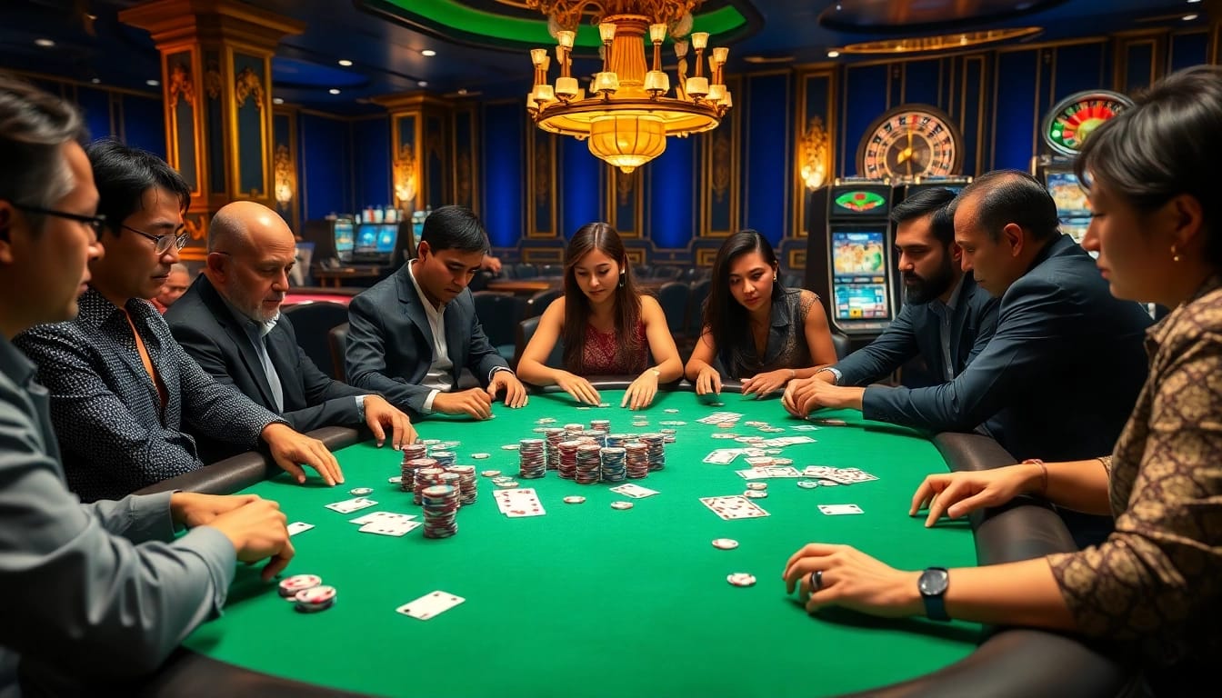 Players strategizing at a poker table with 78win chips, showcasing an engaging casino atmosphere.