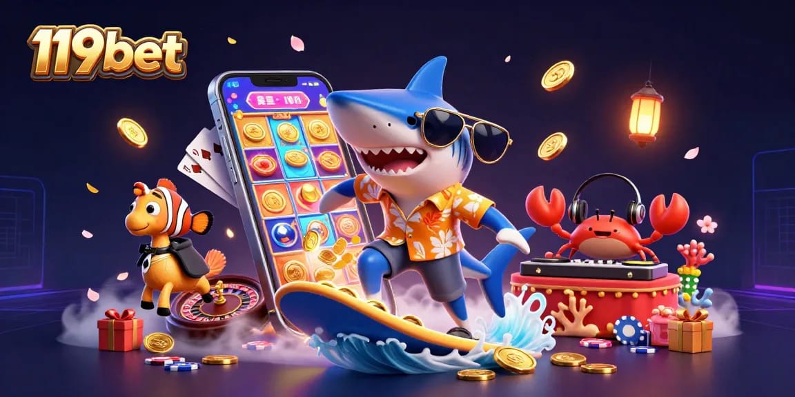 Experience the excitement of 119bet with a vibrant 3D casino scene featuring catchy characters and thrilling game elements.