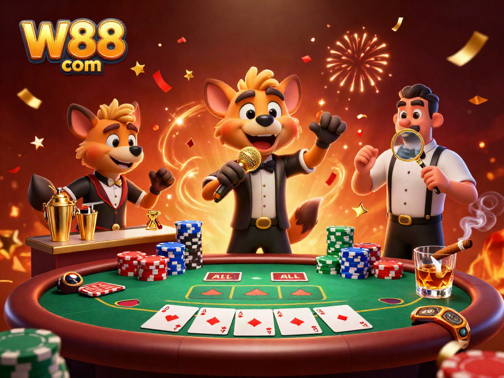 Experience thrilling gameplay at W88 com with a vibrant casino scene featuring humorous hyenas at a comedy club!