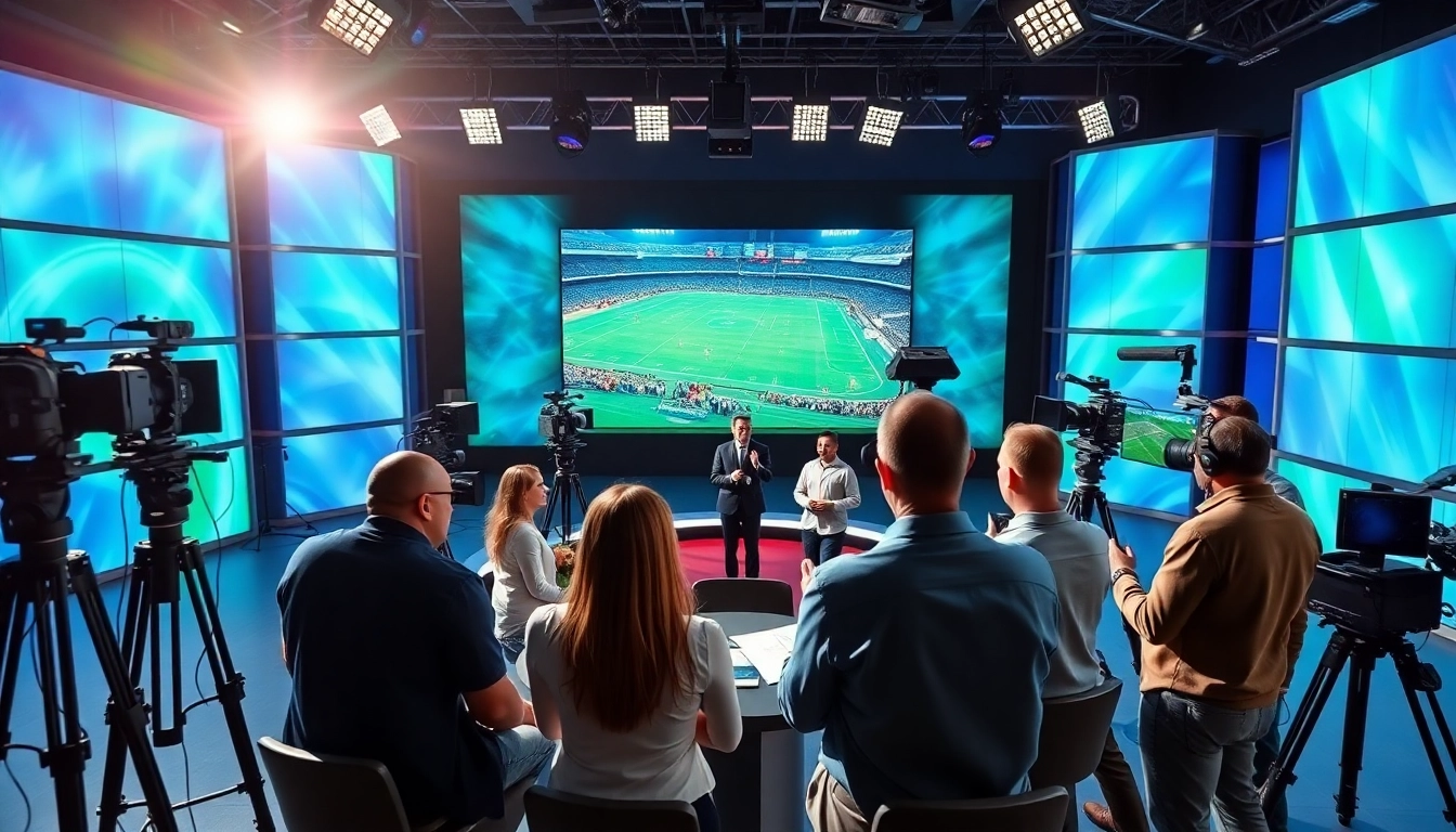 Dynamic sports broadcasting studio with hosts engaged in lively discussions.