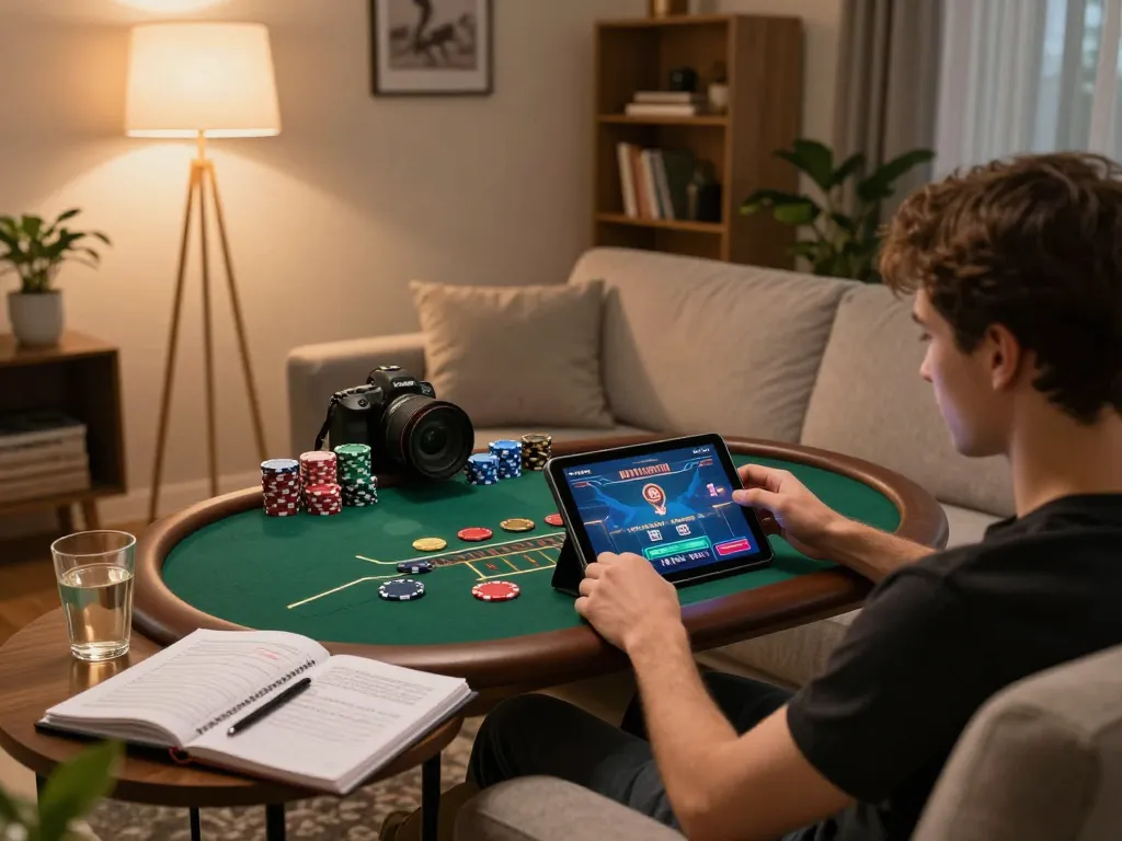 Player enjoys a thrilling live dealer blackjack game on tablet, showcasing 75W's engaging online gaming experience at home.