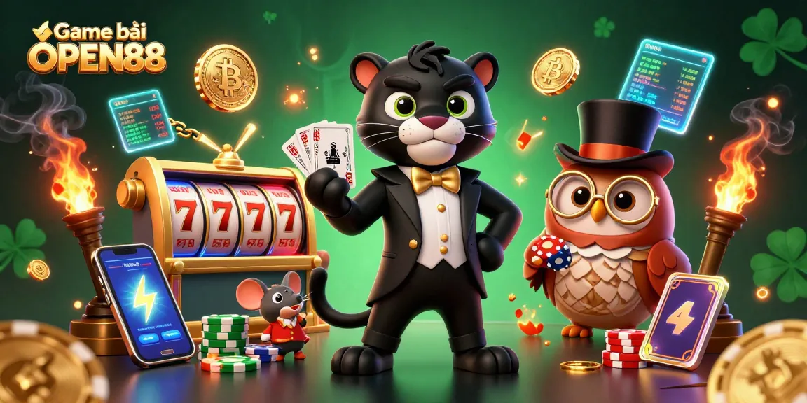 Experience the excitement of Game bài OPEN88 with a stylish panther dealer, owl, and lucky mouse in a vibrant casino