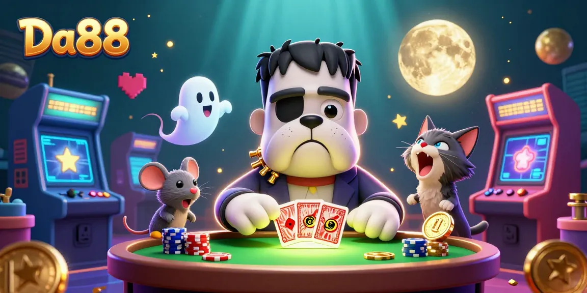 Engage in thrilling gameplay at Da88 with a colorful scene showcasing card dealing by a Frankenstein bulldog, spiced with casino-themed elements.