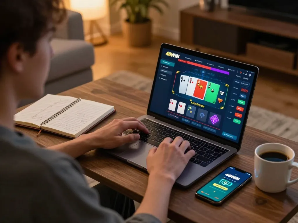 40WIN user engaging actively in an online poker game from the comfort of home, with gameplay interface visible on screen.