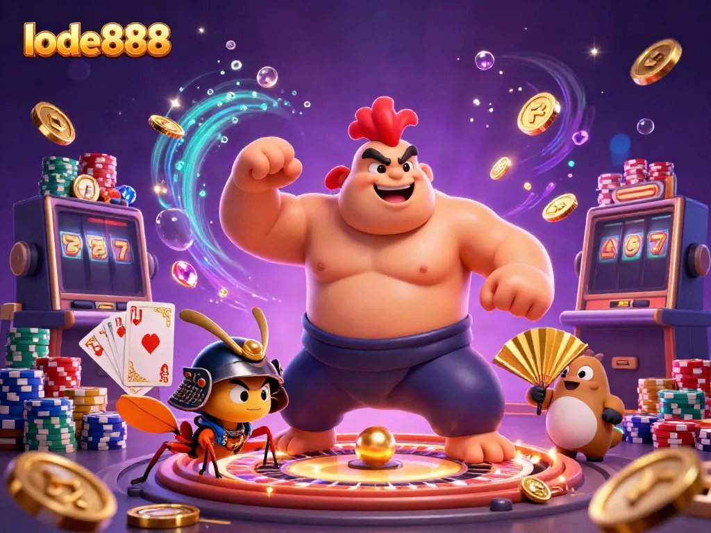 Experience the thrill of lode888 with sumo wrestler, samurai cricket, and tanuki announcer in vibrant casino action.