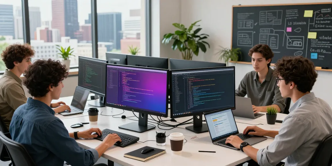 Team collaborating in software development workspace, promoting the WPS Official Website environment