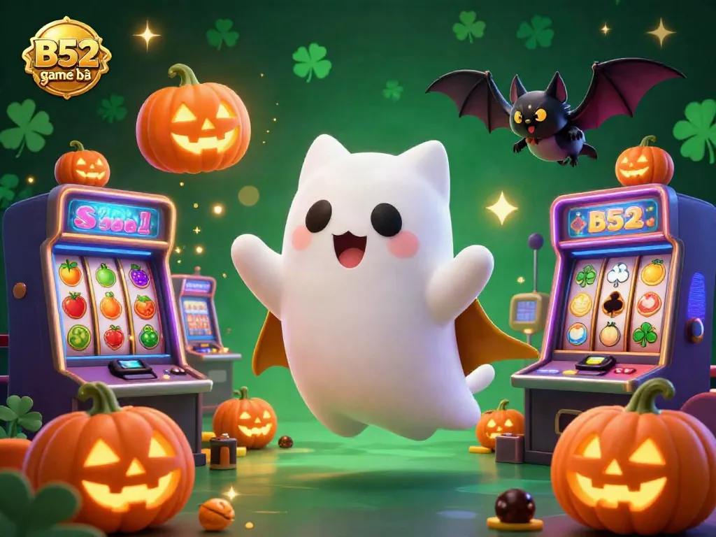 Experience the excitement of B52 game bài with a ghost cat and vibrant casino elements in a whimsical scene.