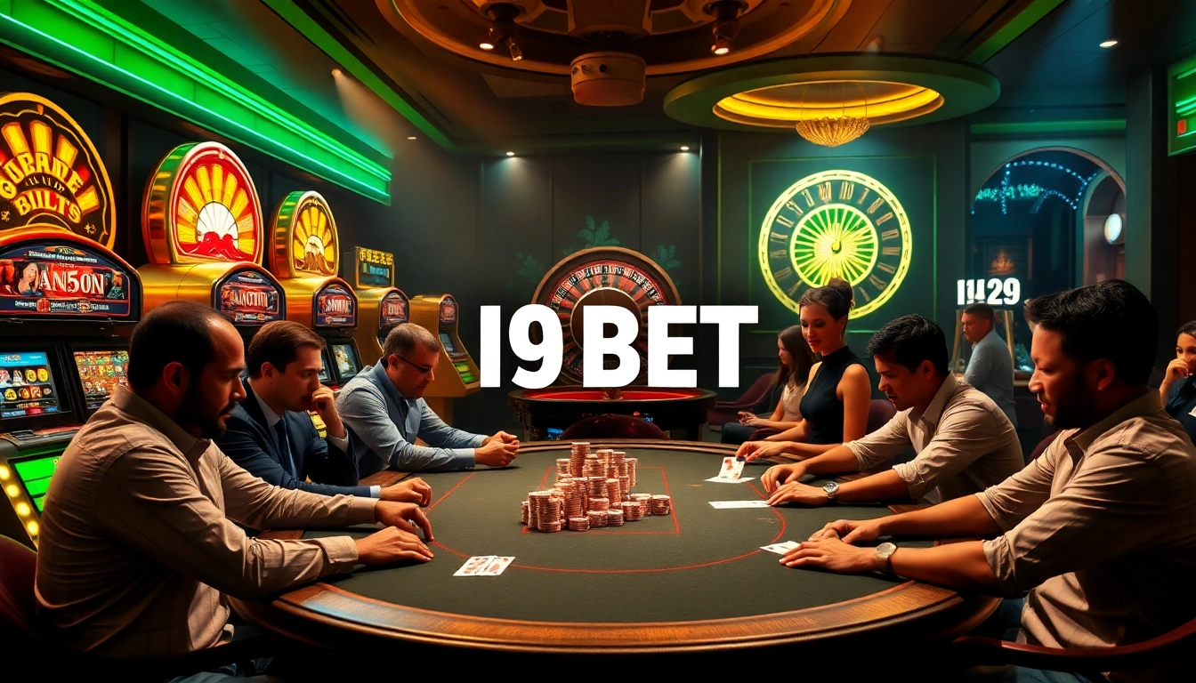 I9 BET players engaging in vibrant casino action at a luxurious poker table surrounded by slot machines.