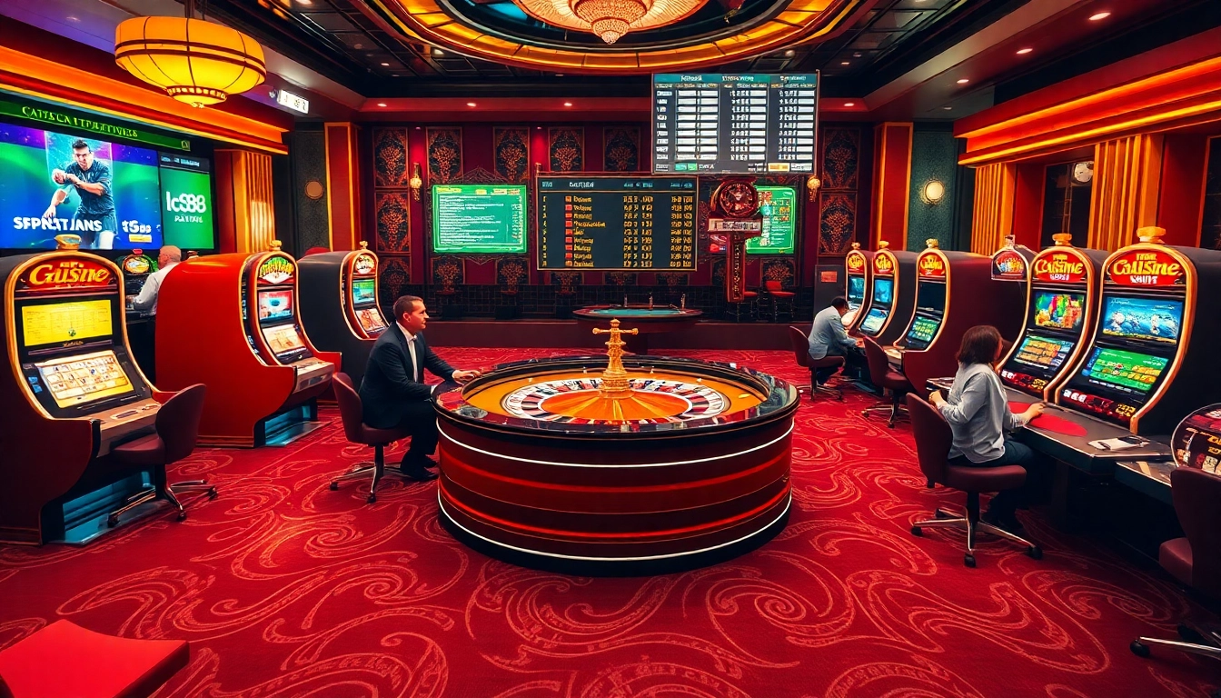 Experience the excitement of lc88's online casino with players at a roulette table and colorful slot machines.