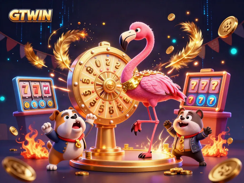 Spinning the GTWIN prize wheel in a dynamic casino scene with vibrant characters and elements.