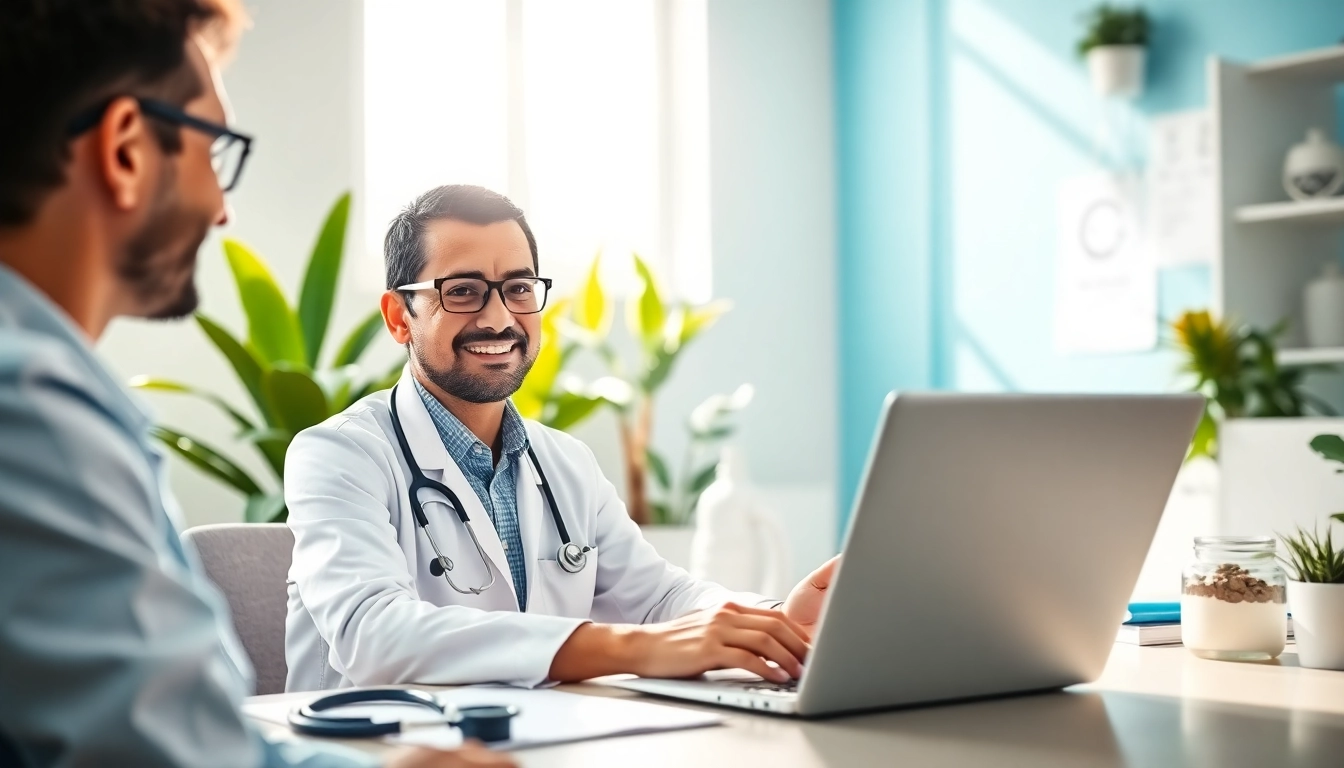 Engaging online doctor consultation flat fee experience between a physician and patient in a bright clinic.