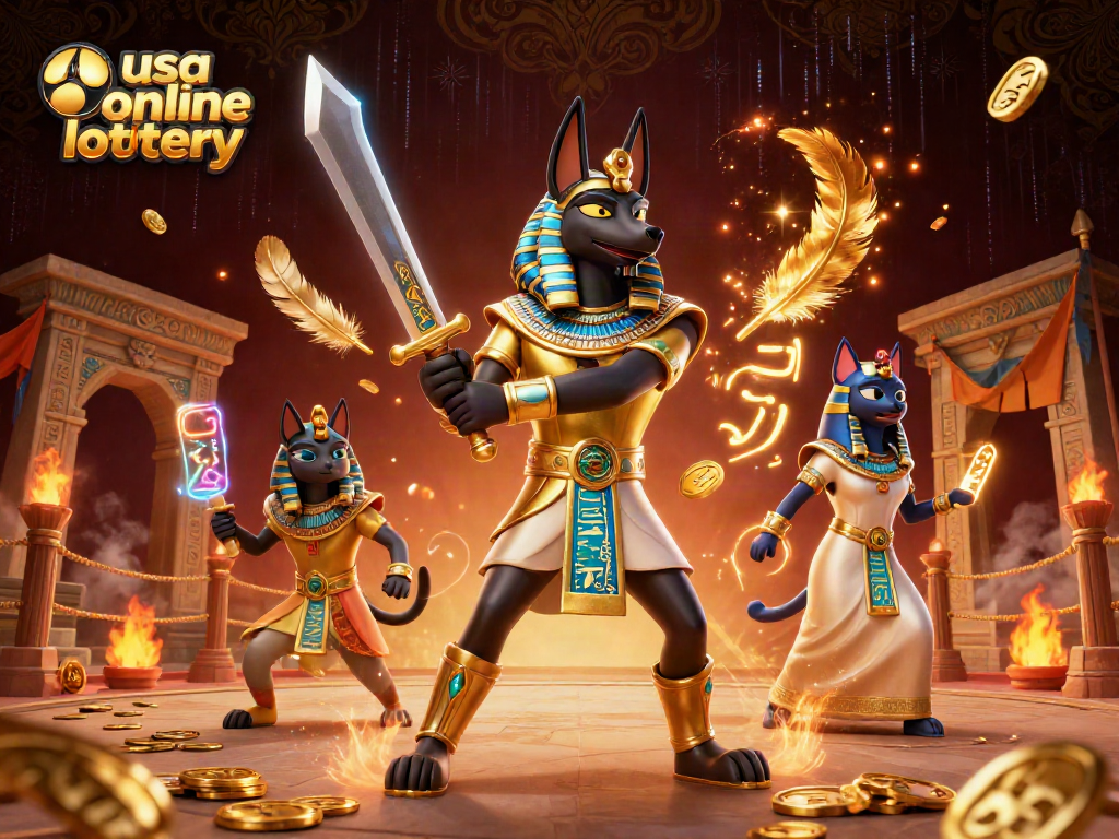 Play the usa online lottery with vibrant characters and dynamic elements in a 3D illustration.