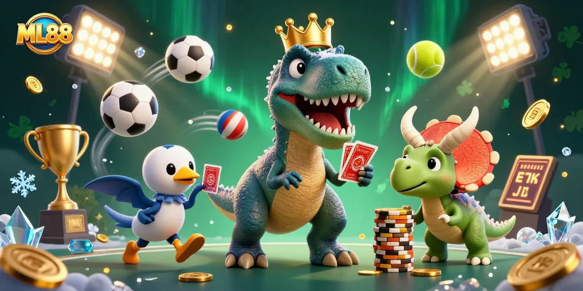 ML88 brings excitement as a cartoon T-Rex shuffles cards while stacking chips, showcasing vibrant gaming elements.