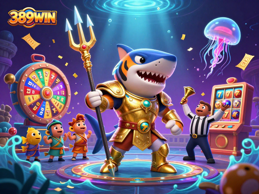 Spin to win with 389WIN, featuring a dynamic underwater casino scene filled with colorful slots and vibrant prizes.