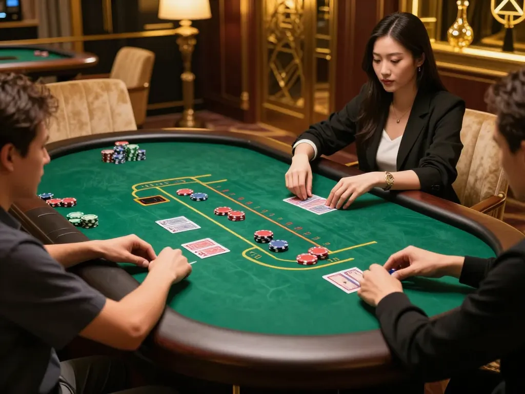 Jogadores engajados em ação estratégica na mesa de blackjack luxuosa da 166bet.
