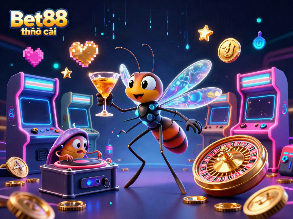 Bet88 nhà cái brings lively excitement with a cartoon mosquito mascot and dynamic casino elements.