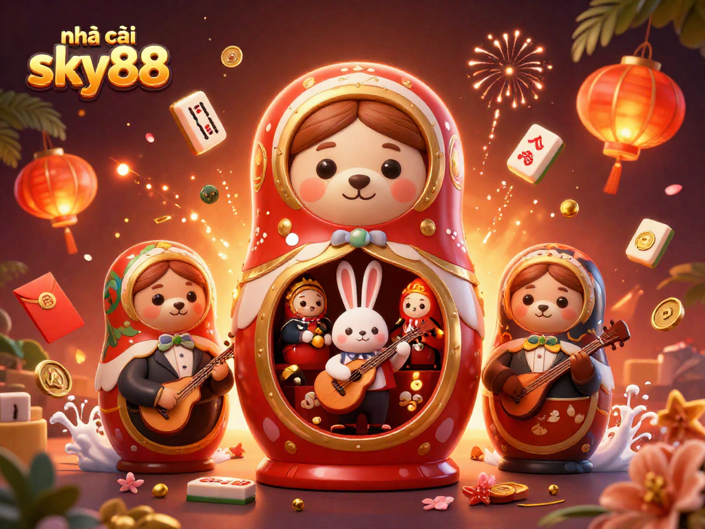 Experience a vibrant 3D casino scene featuring nhà cái sky88 with dynamic characters and festive game elements.