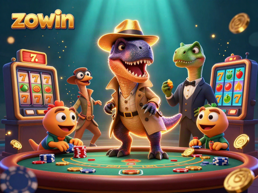 Zowin's thrilling blackjack table scene with a cartoon velociraptor hiding from a stegosaurus pit boss.