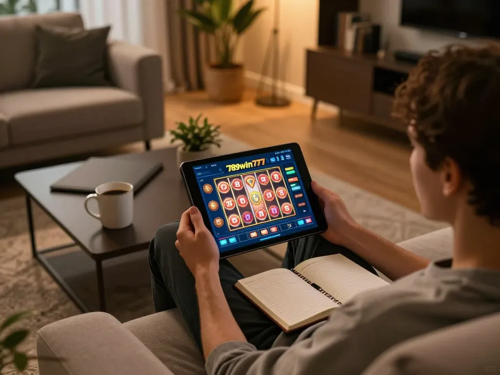 Player enjoying 789win777 gaming on a tablet, cozy home atmosphere with strategic notes