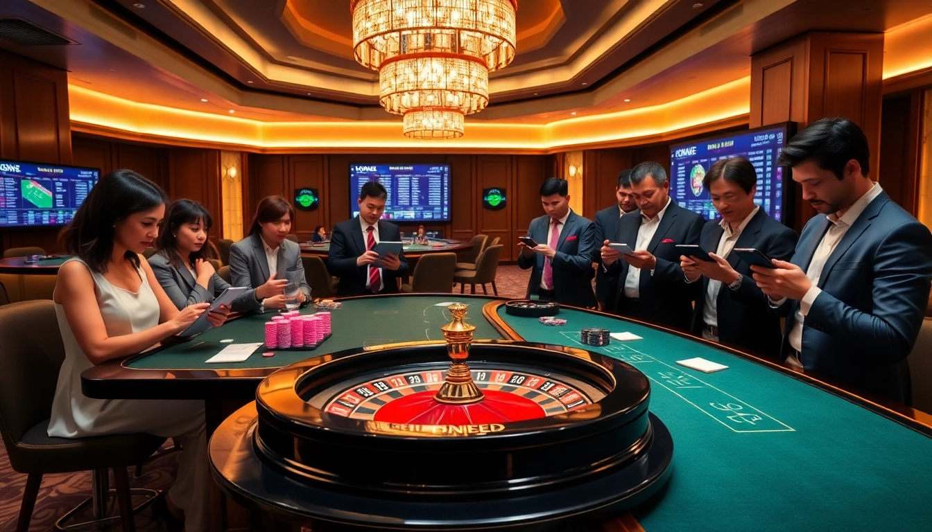 Experience excitement at the KEO NHACAI sports betting area with engaging gamblers analyzing odds.