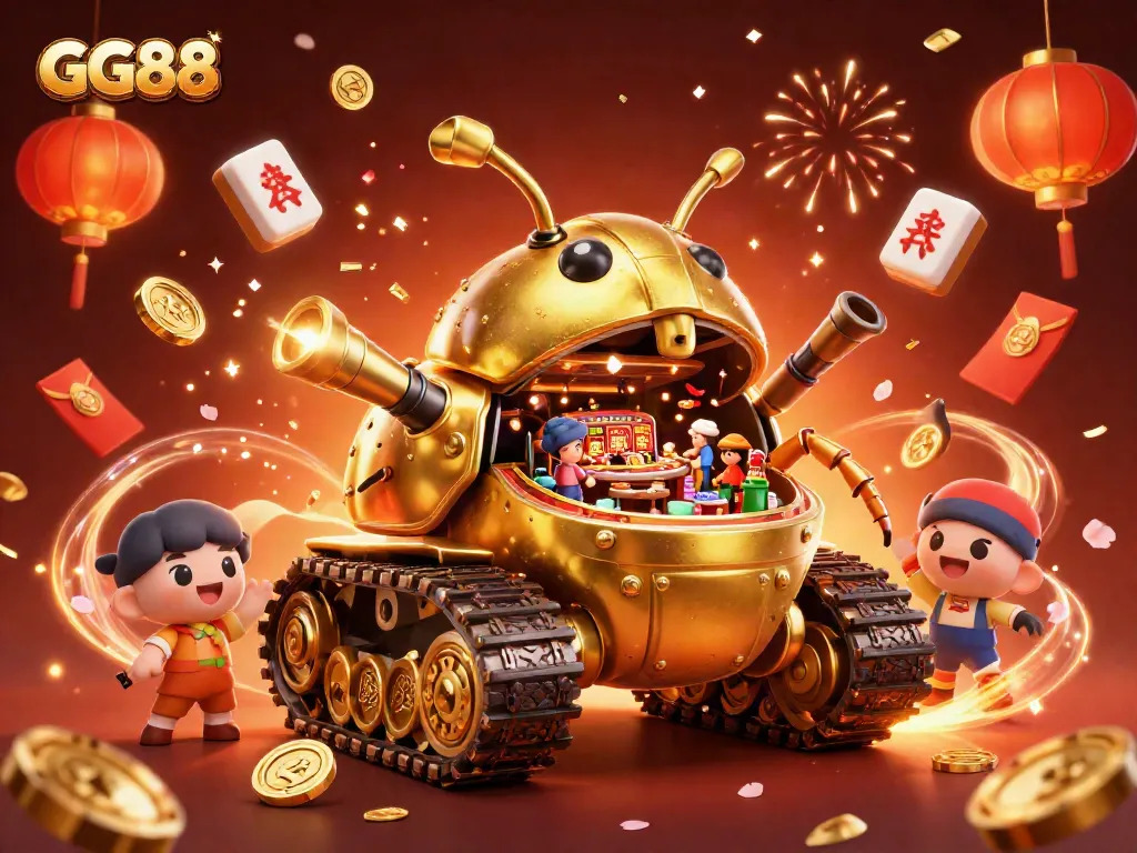 Experience exciting gameplay at GG88 with a vibrant 3D casino illustration featuring a golden beetle tank.