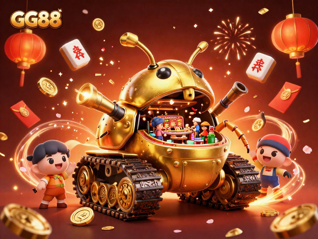Experience exciting gameplay at GG88 with a vibrant 3D casino illustration featuring a golden beetle tank.