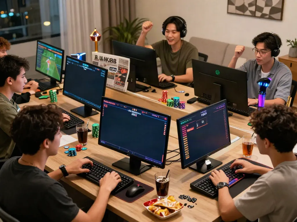 Engaging online gaming experience at UK88 with players celebrating wins and accessing live casino games.