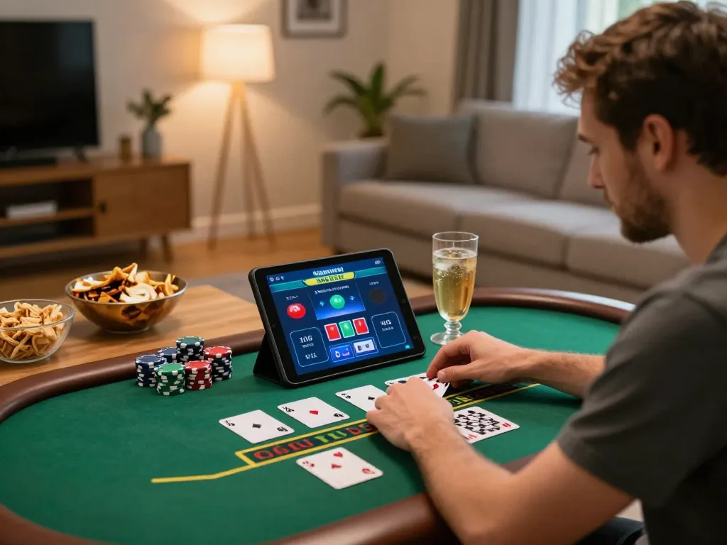 Player engaging with 688v live dealer blackjack on tablet in a cozy home setting