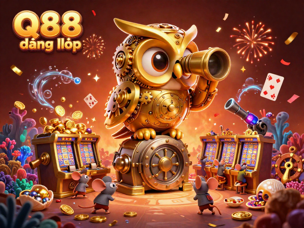 Experience Q88 đăng nhập with a vibrant 3D casino scene featuring a golden owl and lively gaming elements.