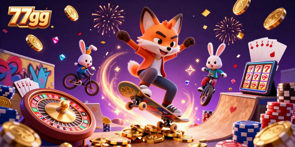 Experience the thrill of winning with 77gg as a skateboarder fox performs tricks in a vibrant casino scene.