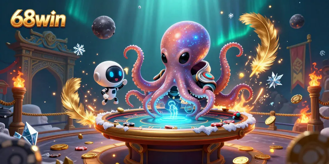 Experience the thrill of gambling at 68win with a cosmic octopus managing a holographic poker table.