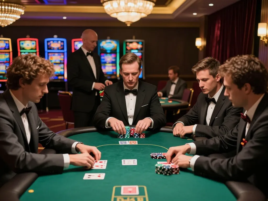 lc88 players strategizing in high-stakes poker game amidst elegant casino atmosphere