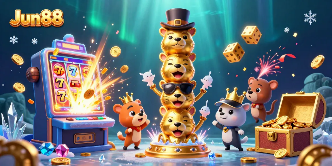 Experience the excitement of Jun88 with a dynamic slot machine and vibrant casino elements.