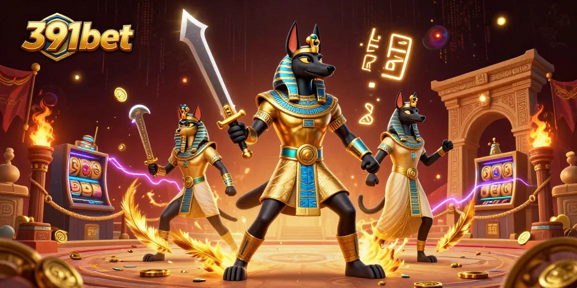 Experience thrilling gameplay with 391bet in a vivid 3D casino illustration of Anubis and Bastet.