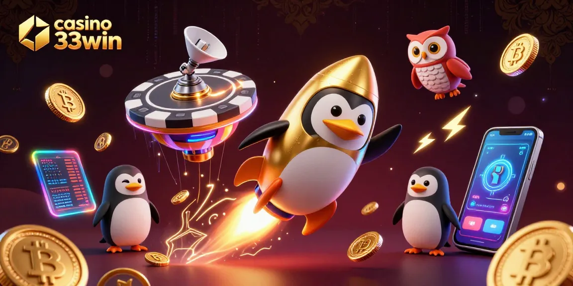 Experience thrilling adventures at casino 33win, navigating games with a golden penguin and cosmic treasures.