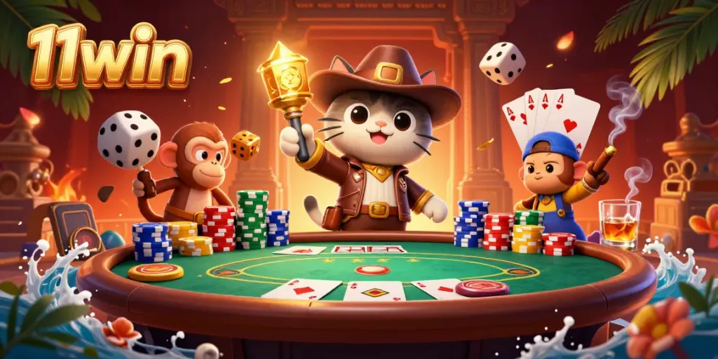 Experience the excitement of 11win with a cartoon archaeologist cat discovering a golden casino artifact.